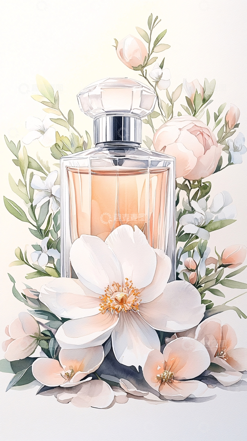 高清大图下载【趣麦麦图】香水与花朵插画背景图