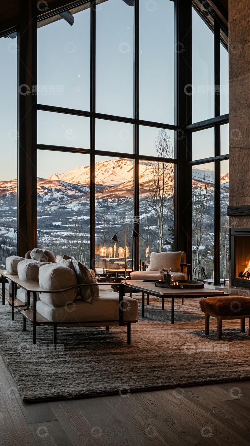 高清大图下载【趣麦麦图】雪山美景中的温馨客厅