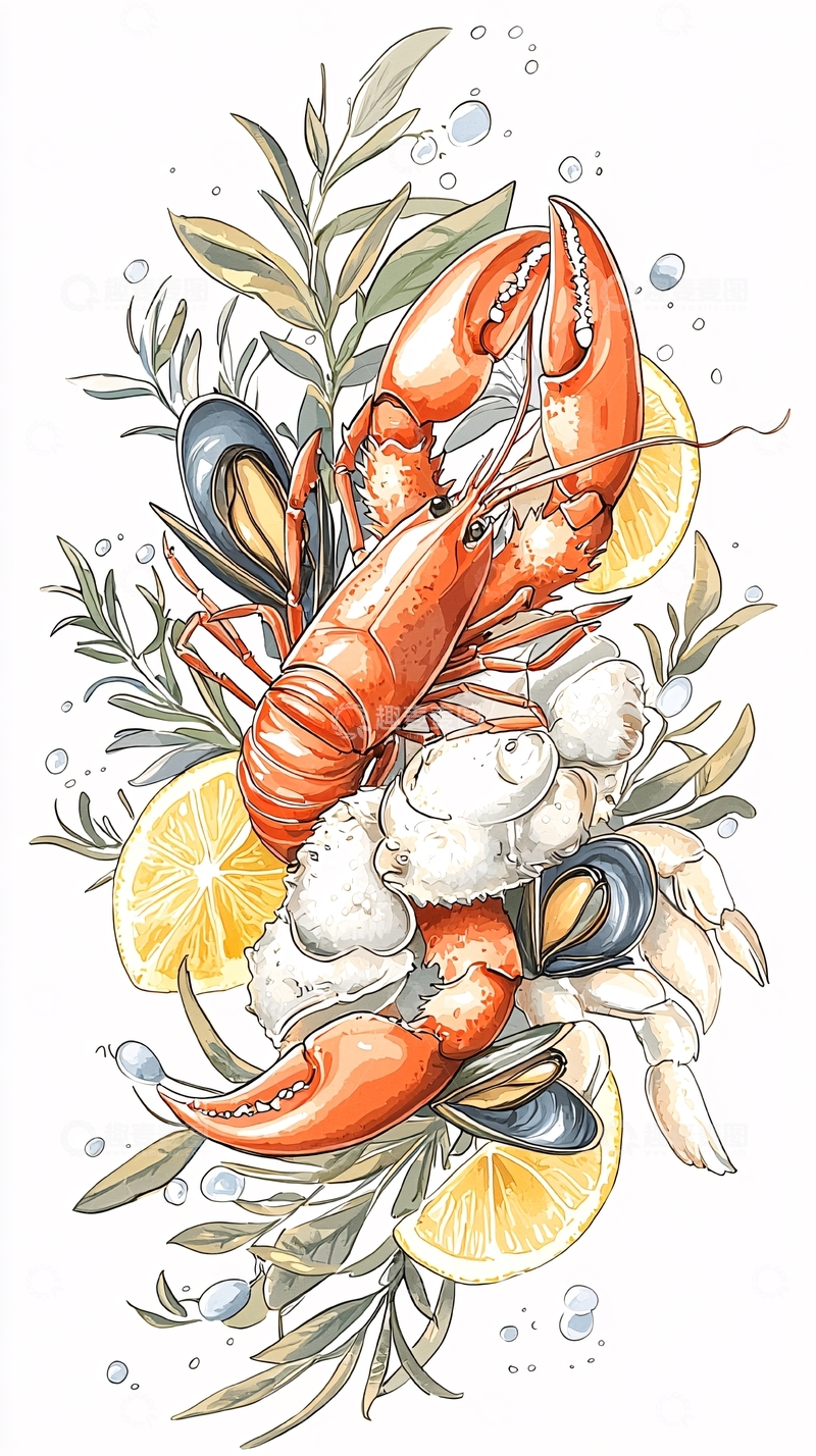高清大图下载【趣麦麦图】海鲜拼盘插画素材