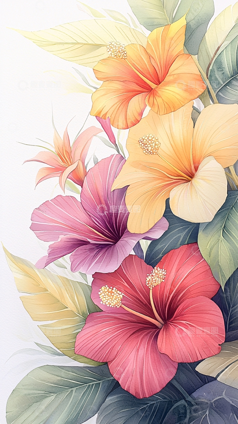 高清大图下载【趣麦麦图】热带花卉手绘插画素材