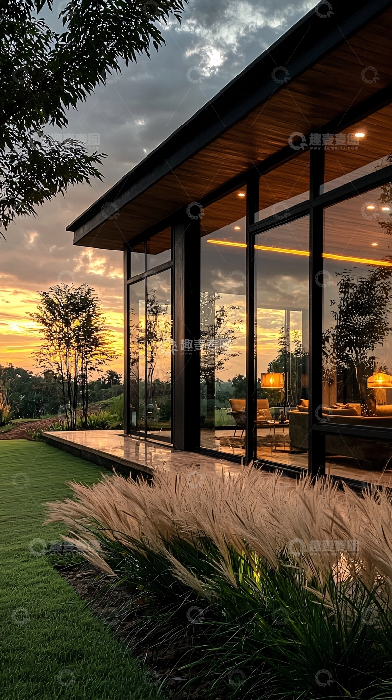 高清大图下载【趣麦麦图】现代玻璃别墅日落景色