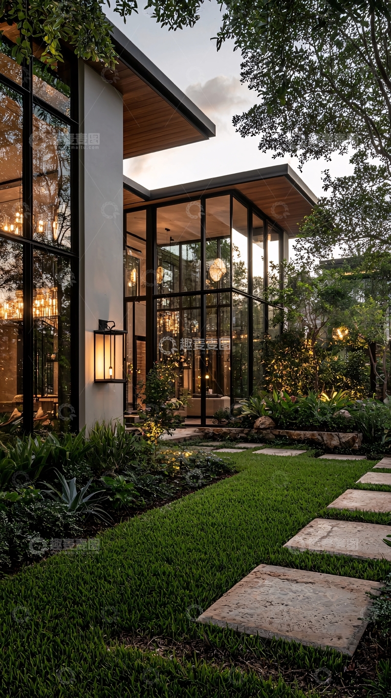 高清大图下载【趣麦麦图】现代玻璃别墅庭院夜景