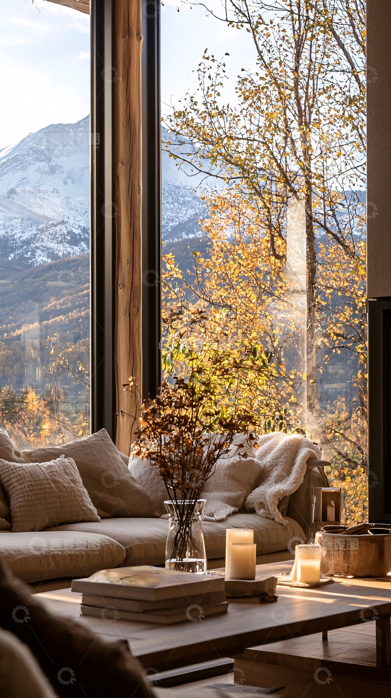 高清大图下载【趣麦麦图】秋日山景中的温馨客厅