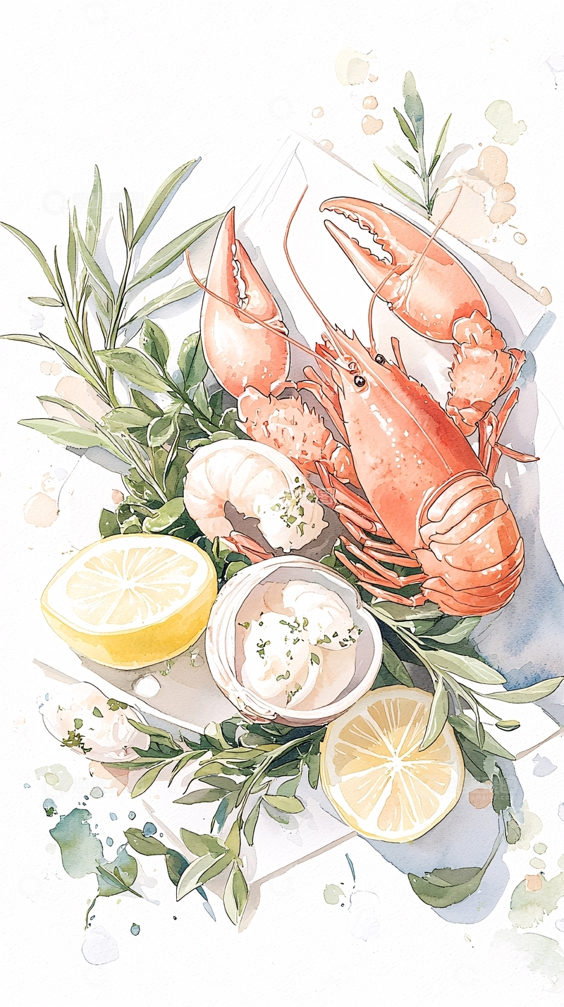 高清大图下载【趣麦麦图】龙虾配柠檬和香草插画