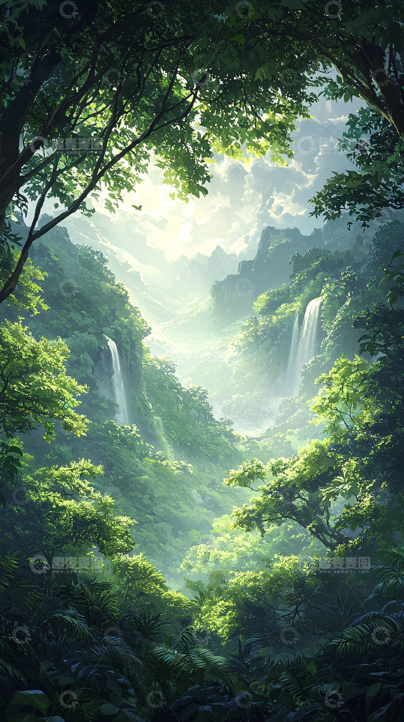 高清大图下载【趣麦麦图】梦幻森林瀑布自然风光