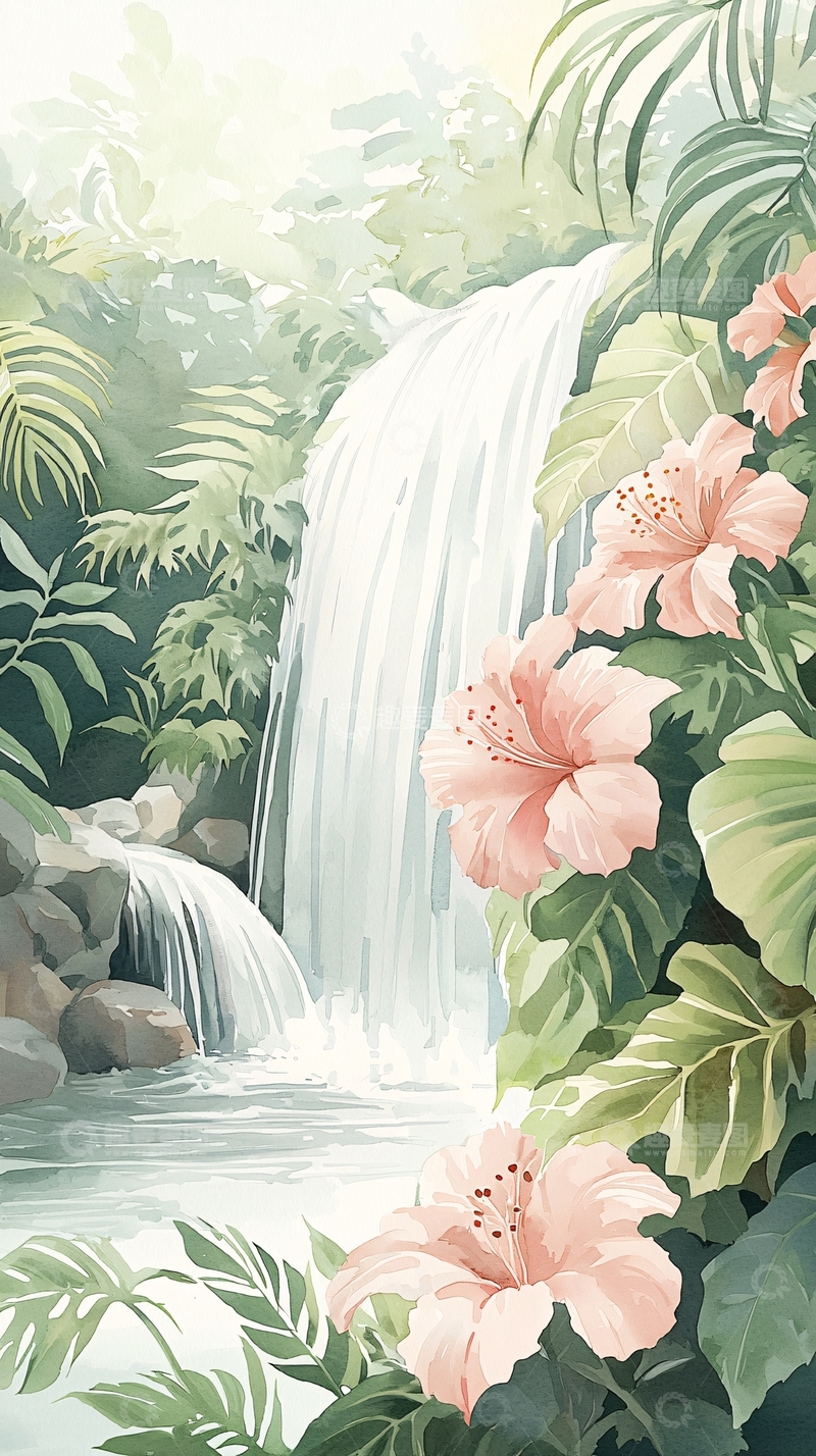 高清大图下载【趣麦麦图】热带雨林瀑布与粉色花朵
