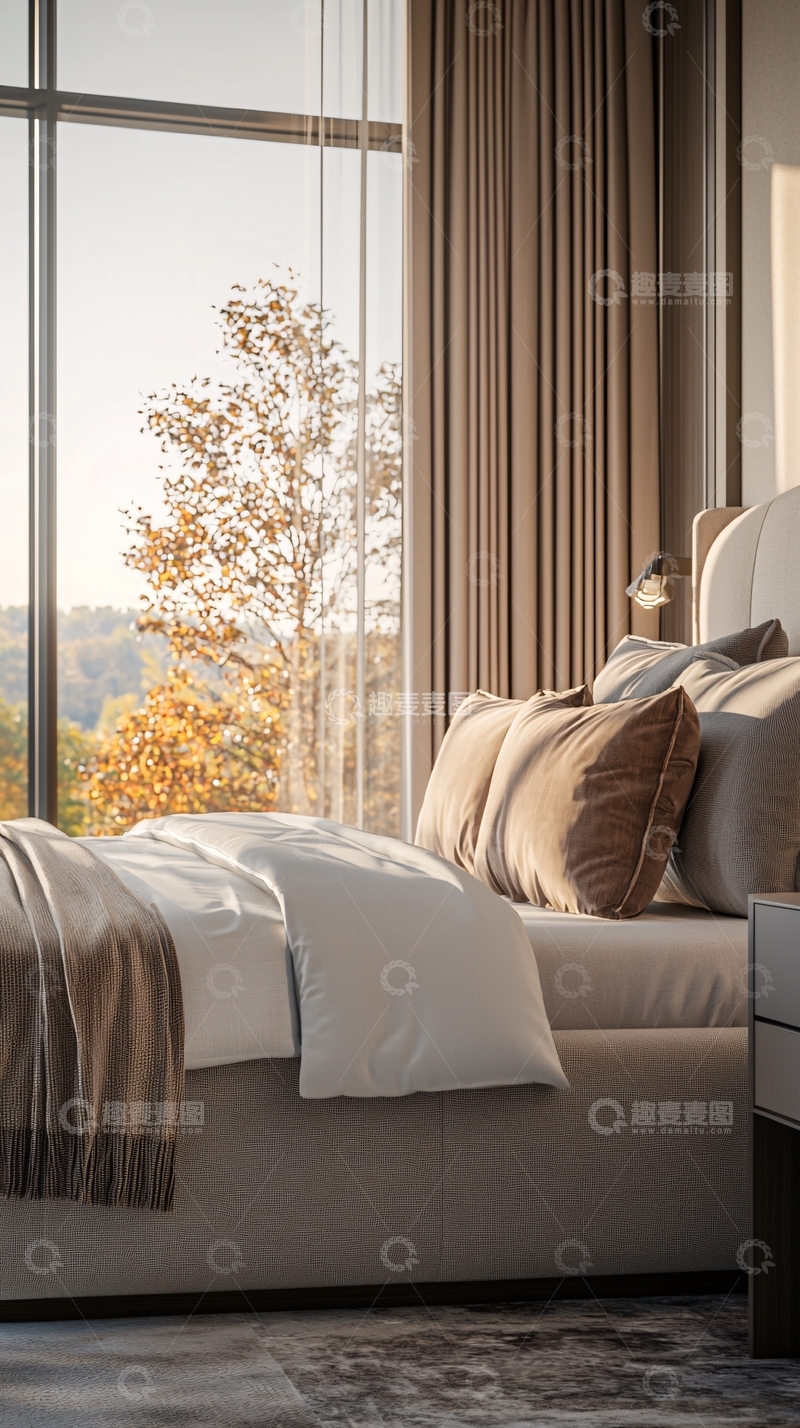 高清大图下载【趣麦麦图】温馨卧室秋景窗外