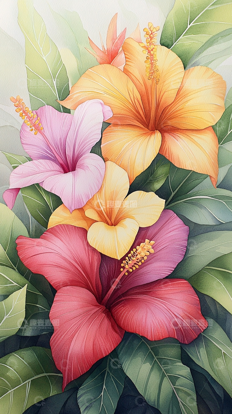 高清大图下载【趣麦麦图】热带风情花卉插画