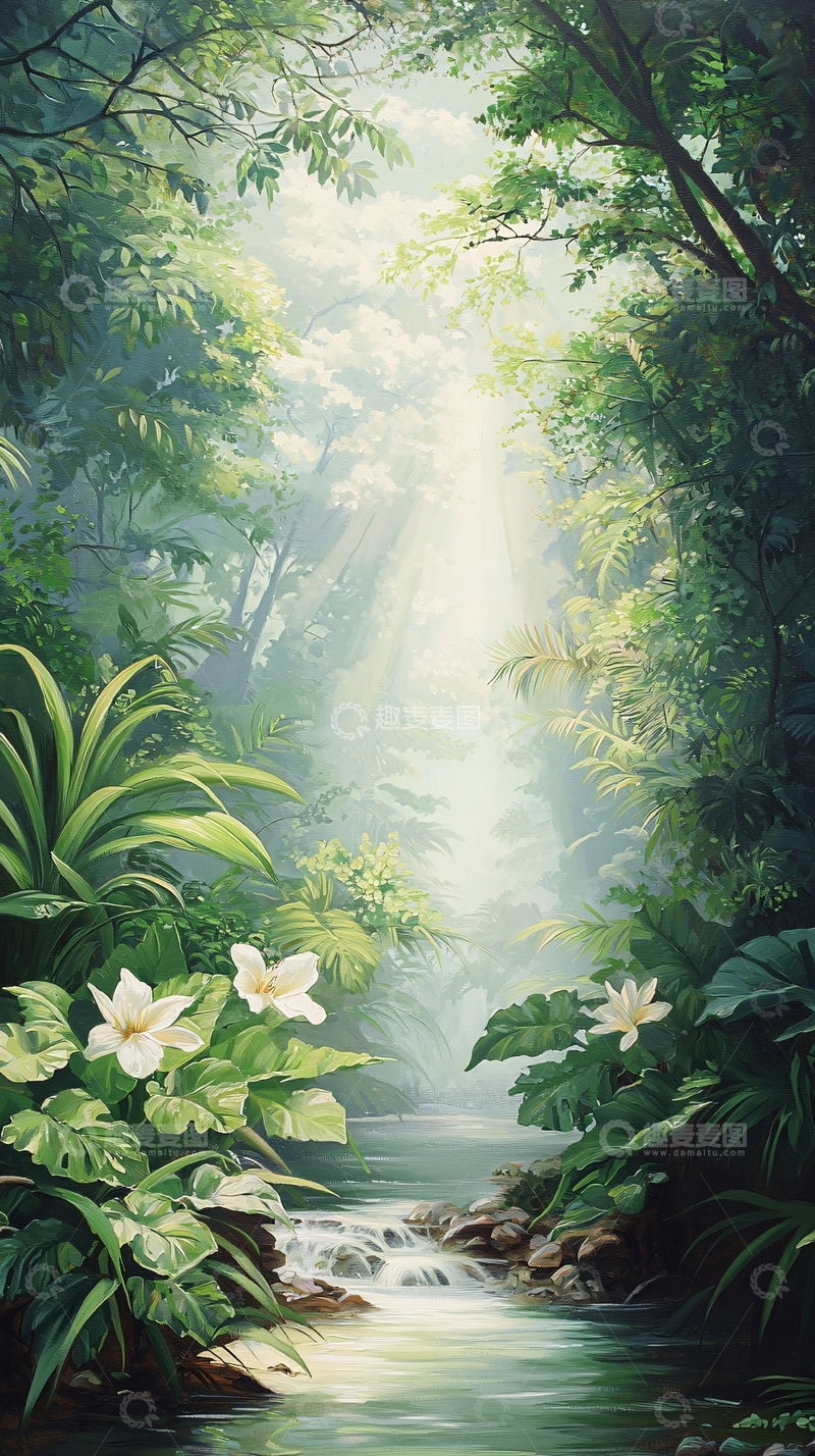 高清大图下载【趣麦麦图】热带雨林中的小溪与阳光