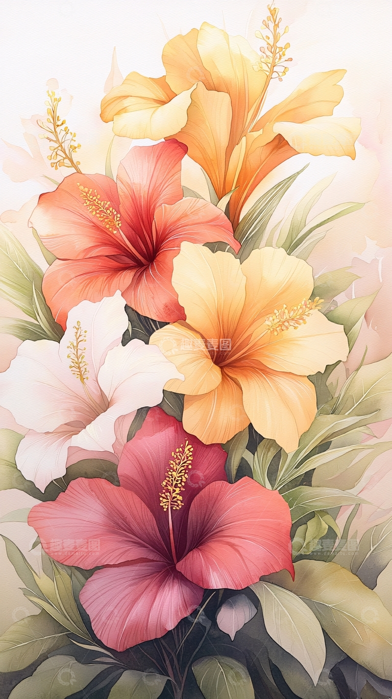 高清大图下载【趣麦麦图】热带花卉手绘插画背景图