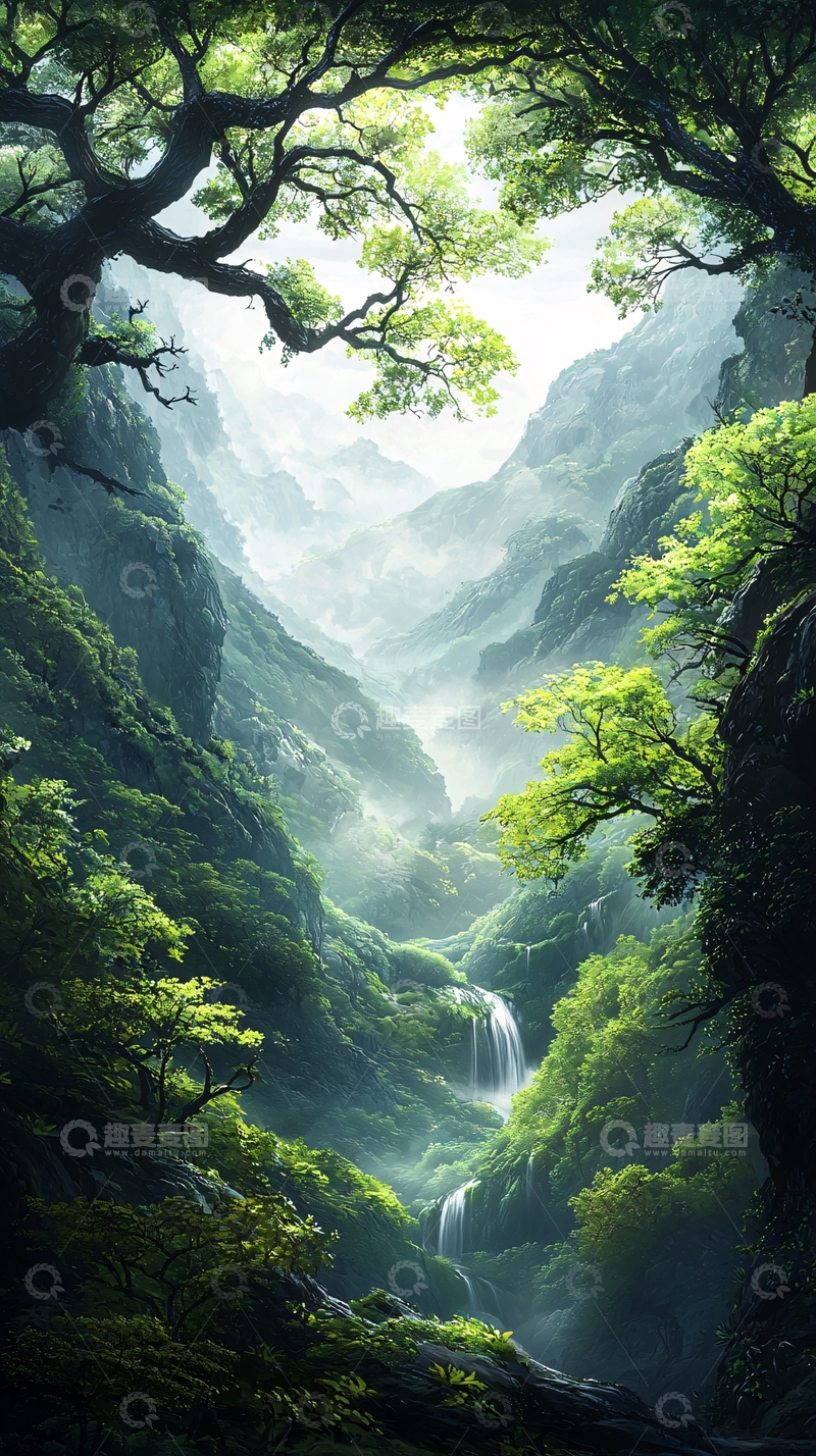 高清大图下载【趣麦麦图】山间瀑布绿意盎然