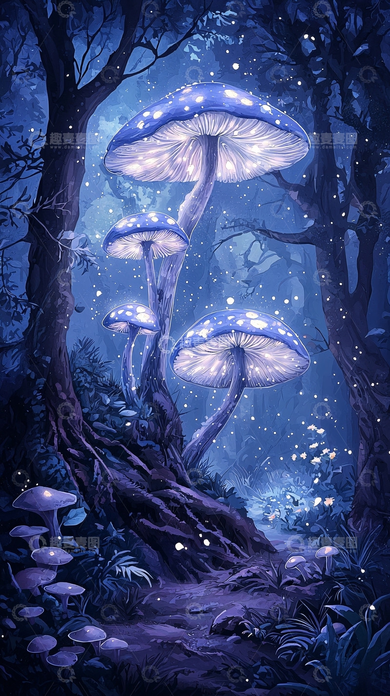 高清大图下载【趣麦麦图】梦幻森林中的发光蘑菇