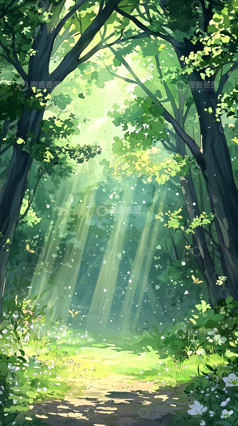 高清大图下载【趣麦麦图】森林中的阳光与蝴蝶