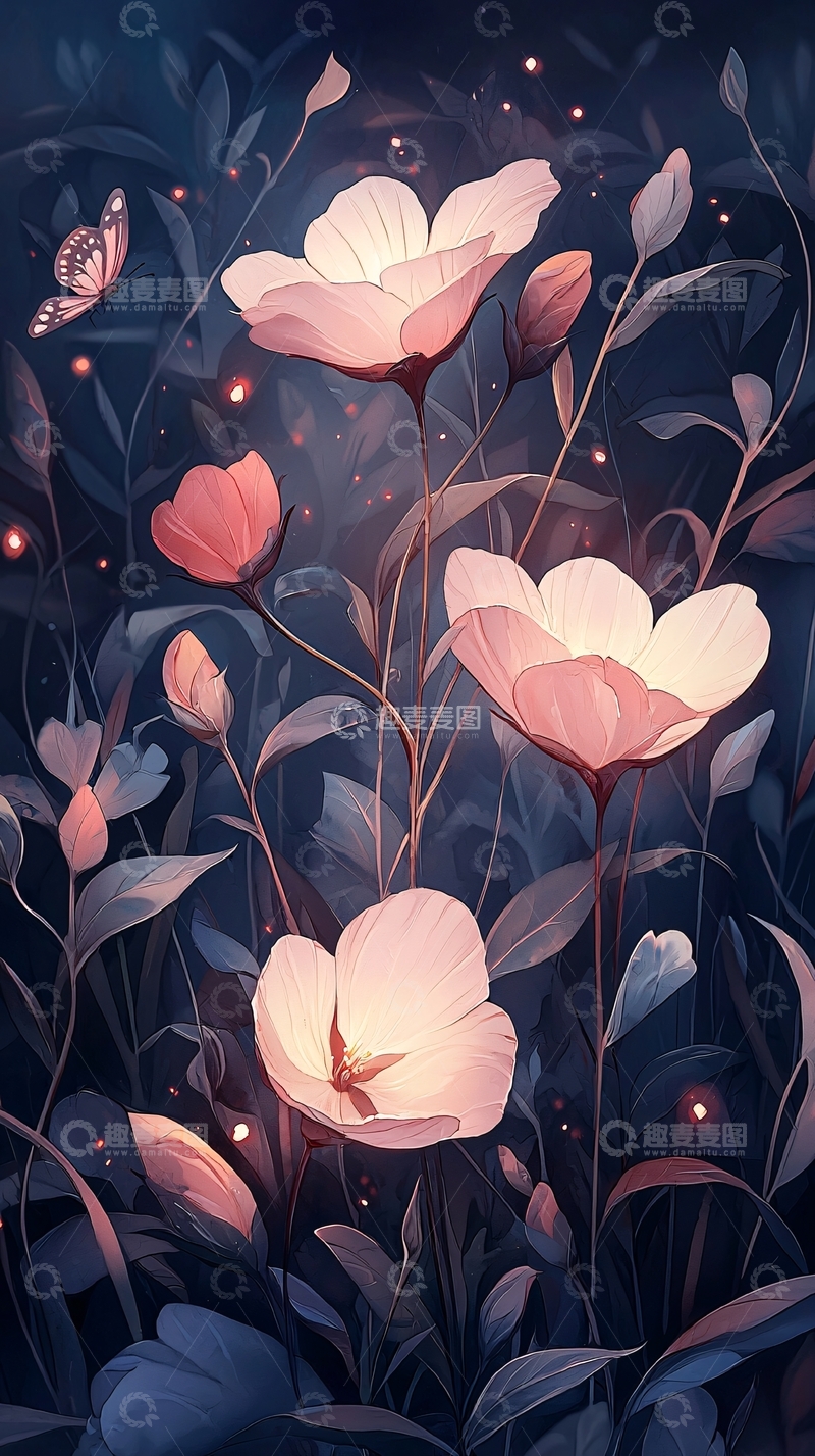高清大图下载【趣麦麦图】夜色中的花朵与蝴蝶