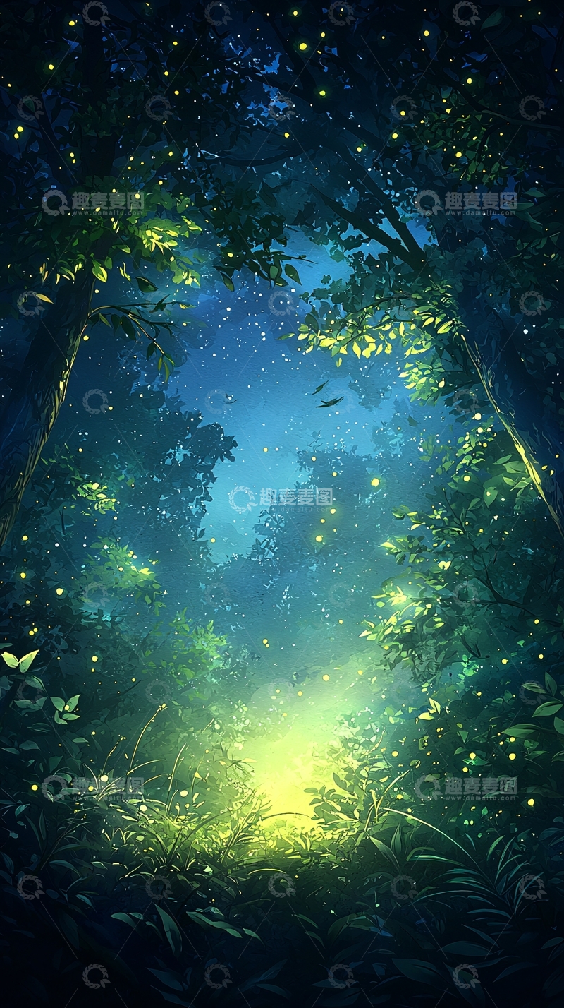 高清大图下载【趣麦麦图】梦幻森林萤火虫夜景