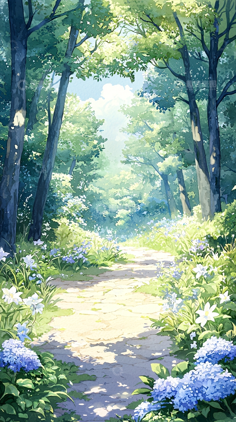 高清大图下载【趣麦麦图】森林小径上的阳光与花朵