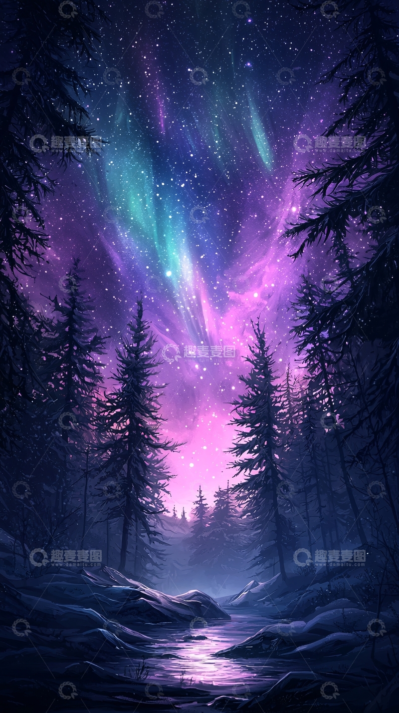 高清大图下载【趣麦麦图】极光下的森林夜景