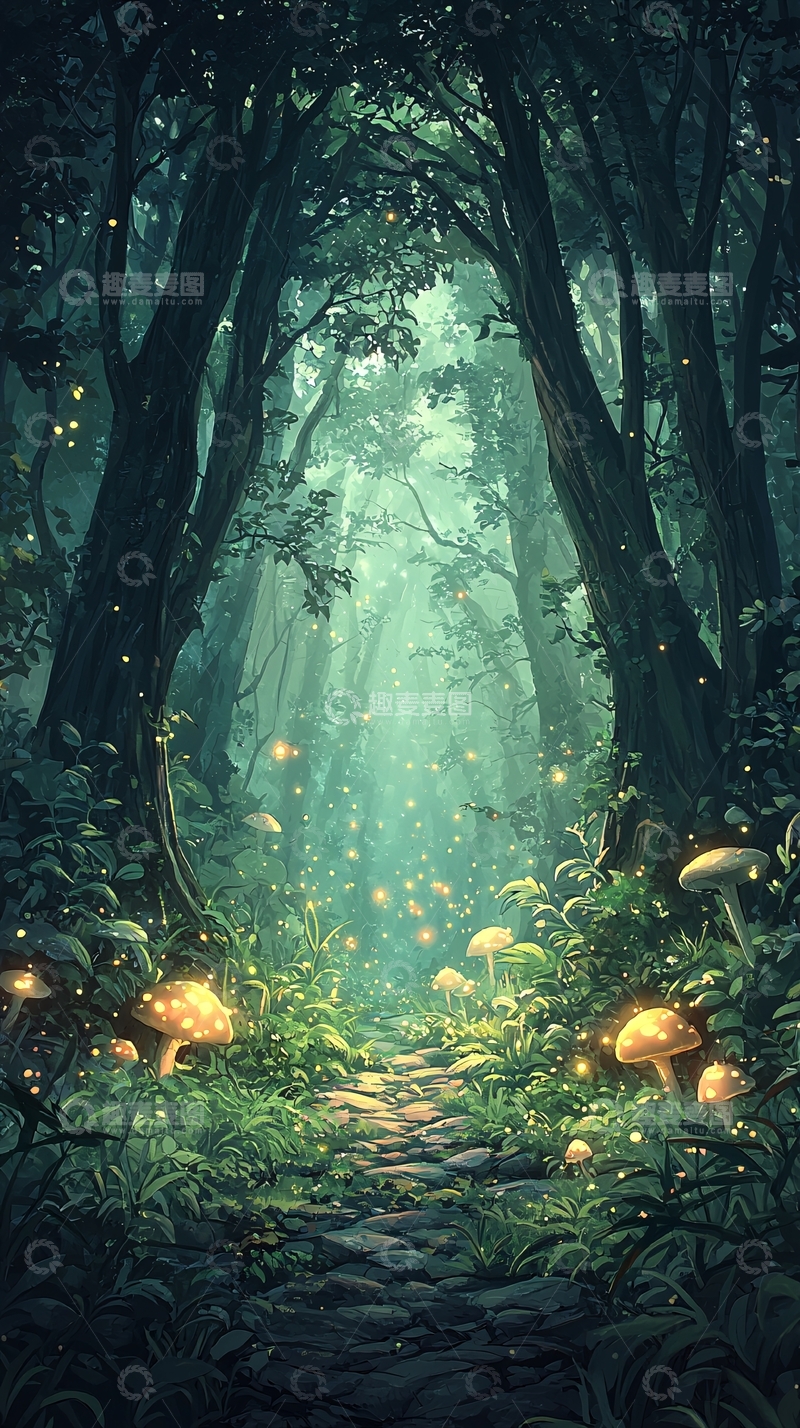 高清大图下载【趣麦麦图】神秘森林中的发光蘑菇