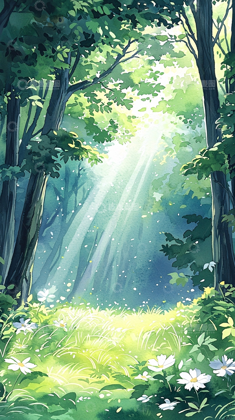 高清大图下载【趣麦麦图】森林中的阳光与花朵