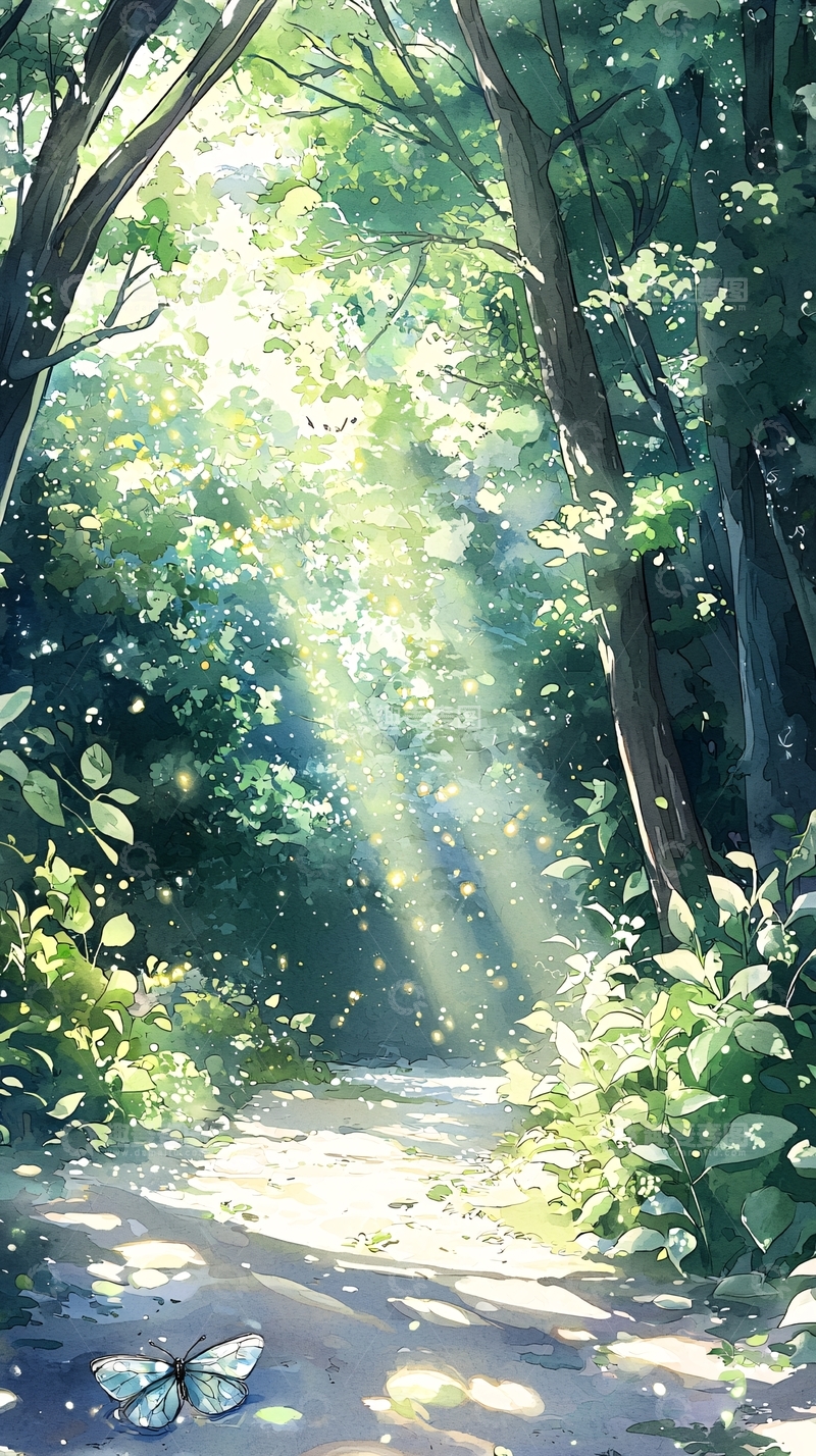 高清大图下载【趣麦麦图】森林中的阳光与蝴蝶