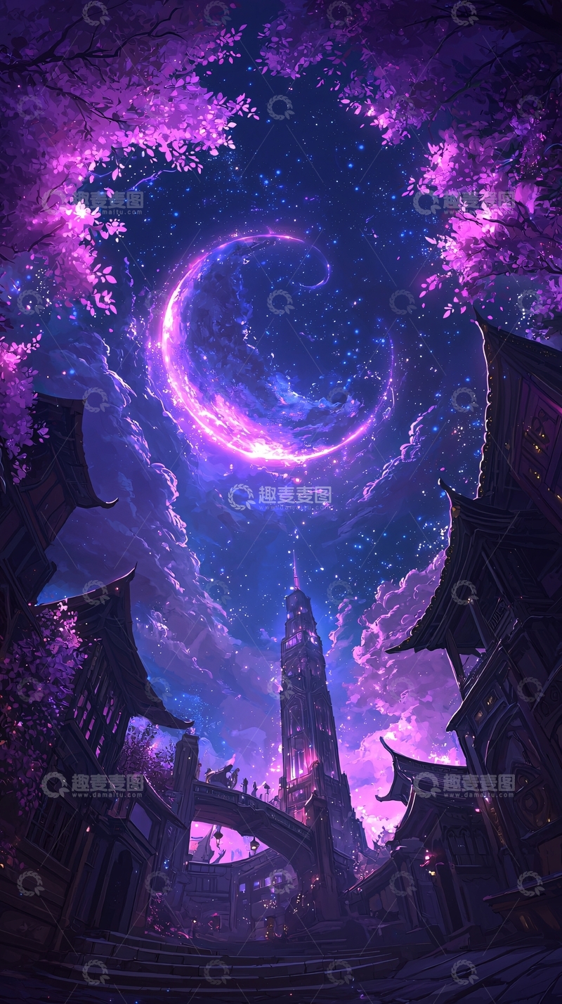 高清大图下载【趣麦麦图】梦幻紫月下的古塔夜景