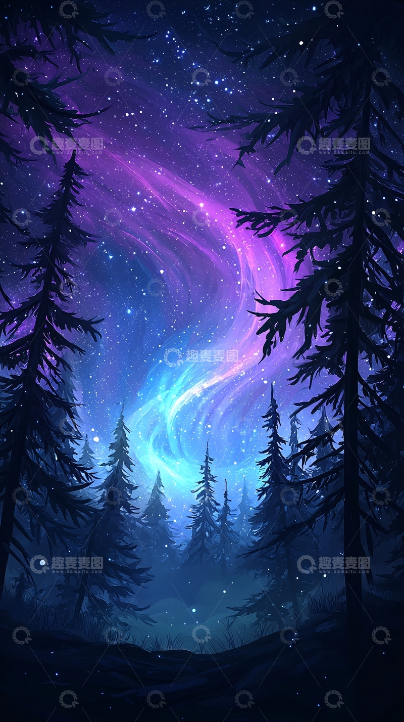 高清大图下载【趣麦麦图】梦幻森林夜空星河