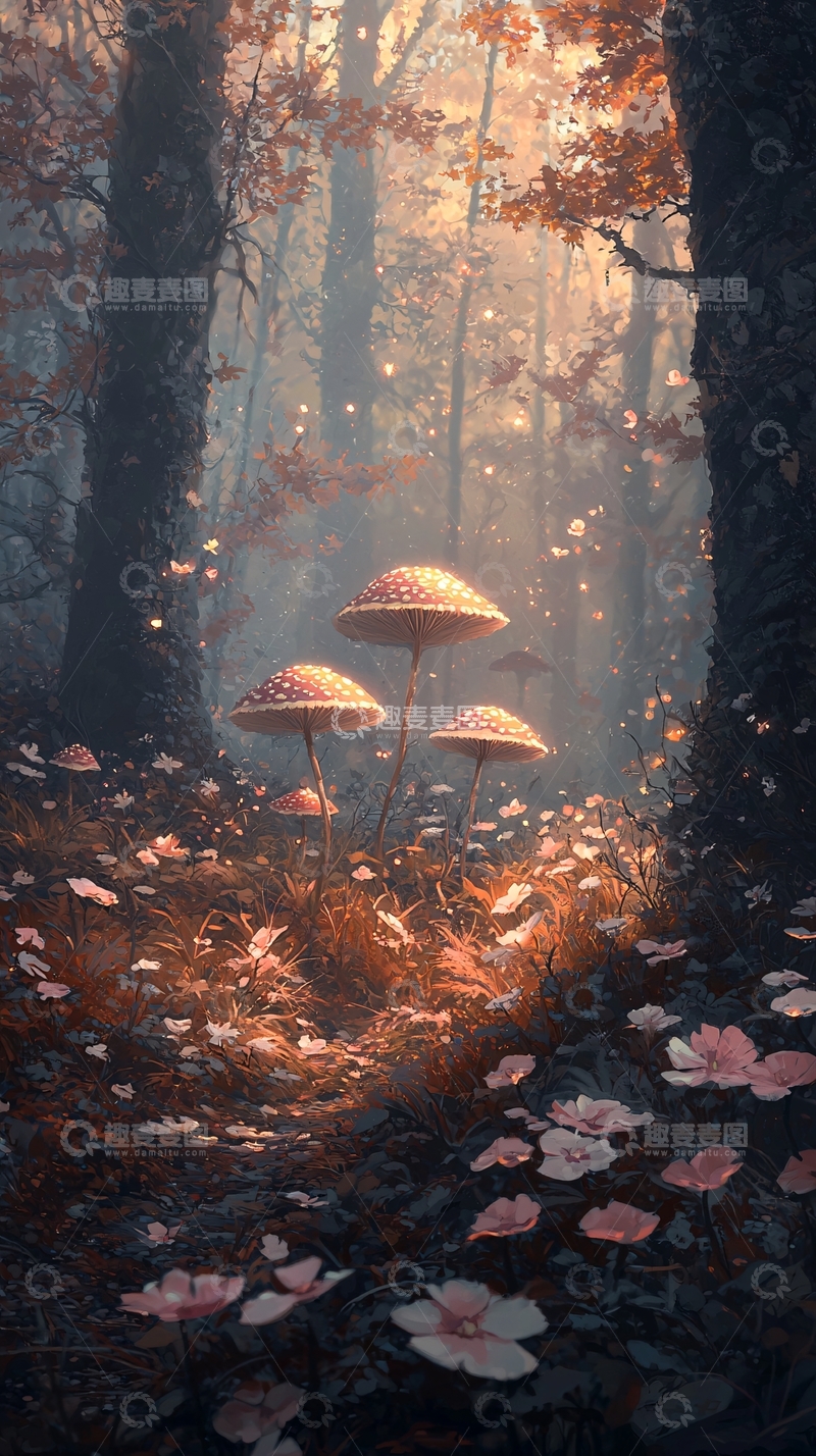 高清大图下载【趣麦麦图】梦幻森林中的蘑菇与花朵