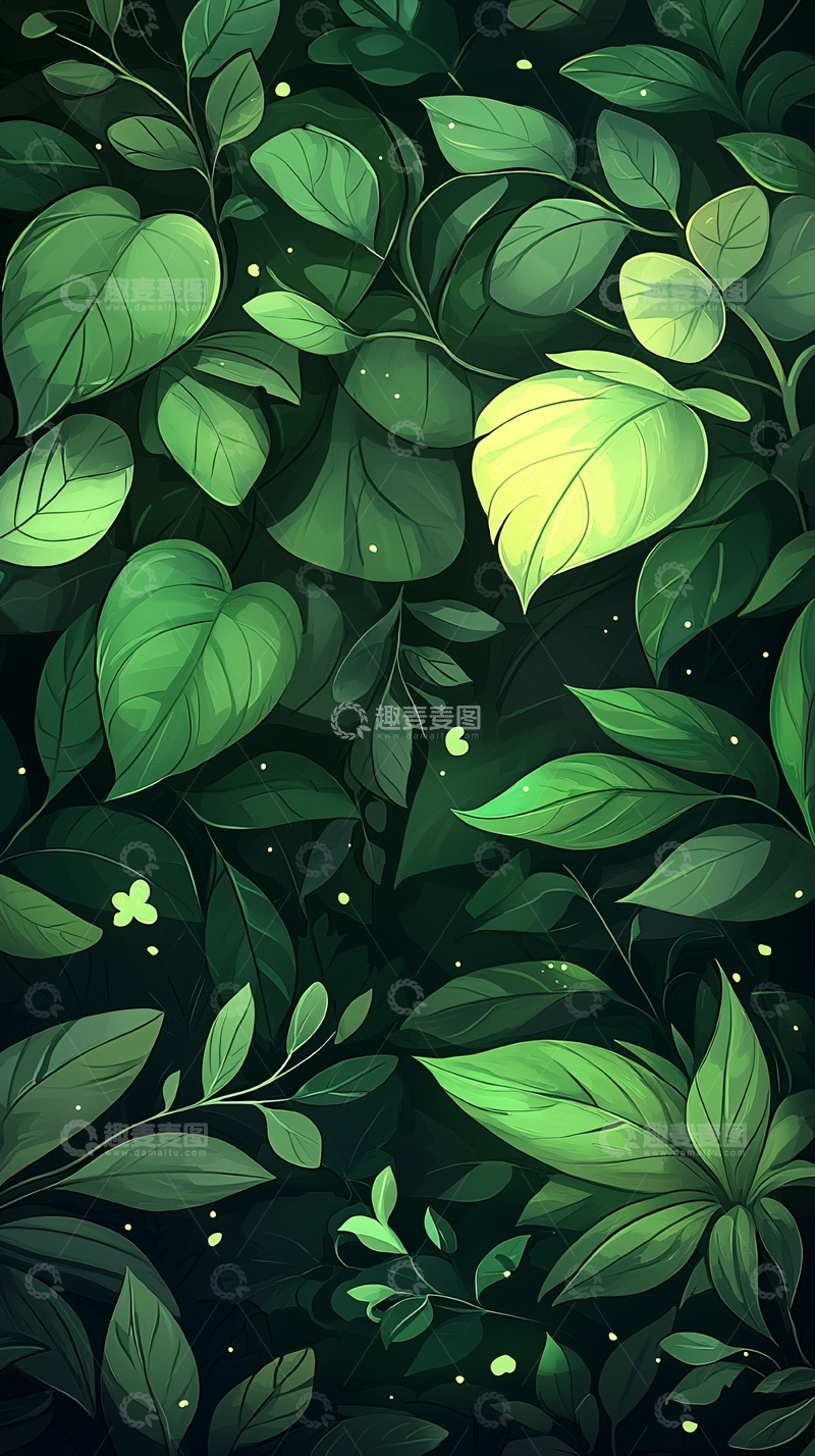 高清大图下载【趣麦麦图】深绿色叶子背景插画素材