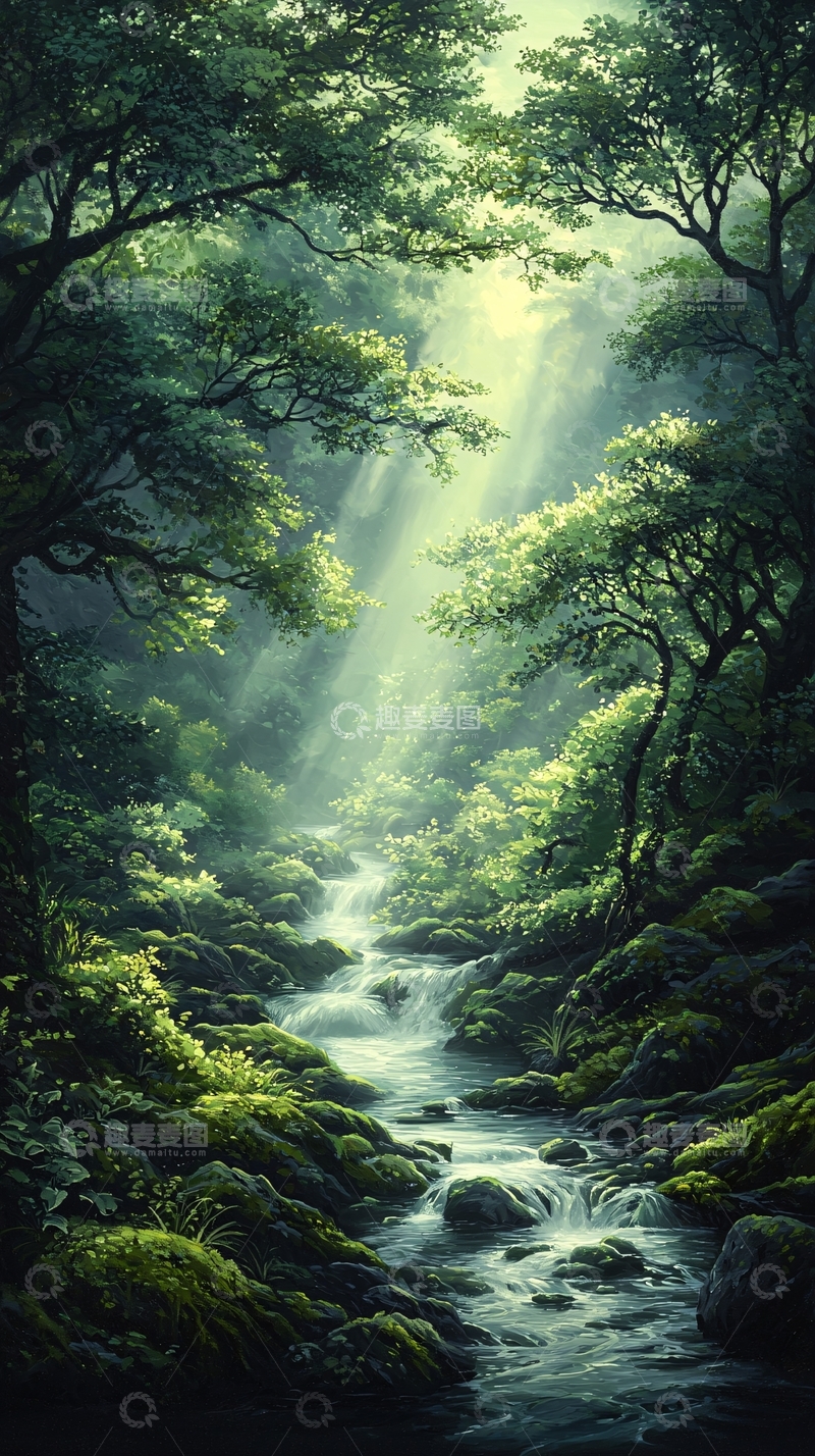 高清大图下载【趣麦麦图】森林中的小溪瀑布