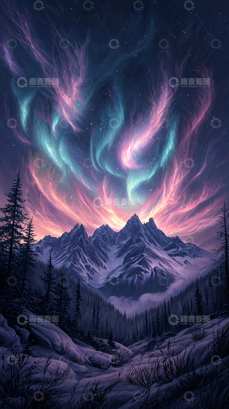 高清大图下载【趣麦麦图】梦幻极光下的雪山夜景