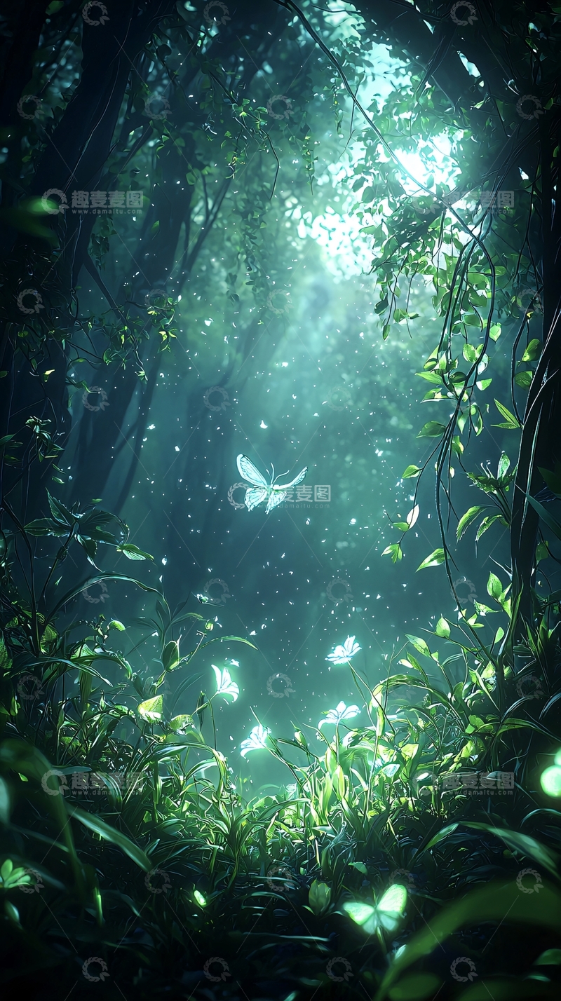 高清大图下载【趣麦麦图】梦幻森林中的蝴蝶与光斑