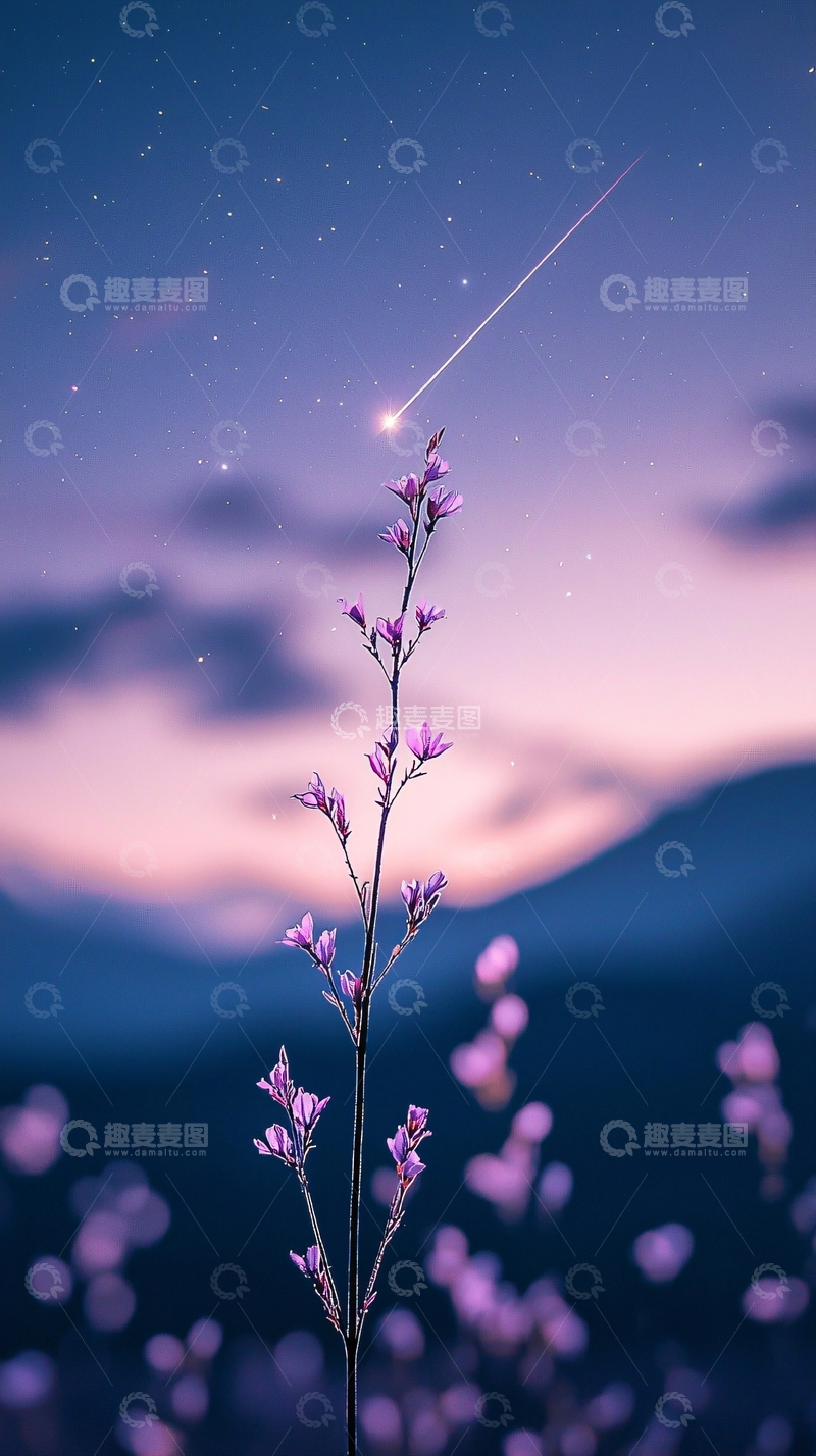 高清大图下载【趣麦麦图】夜空下的紫色花朵与流星
