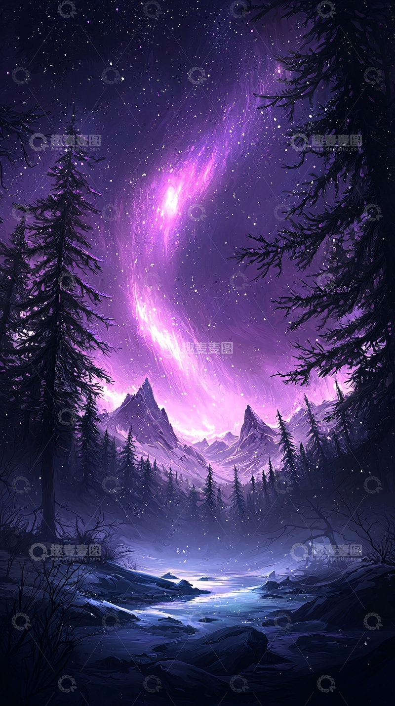 高清大图下载【趣麦麦图】梦幻星空下的山林夜景