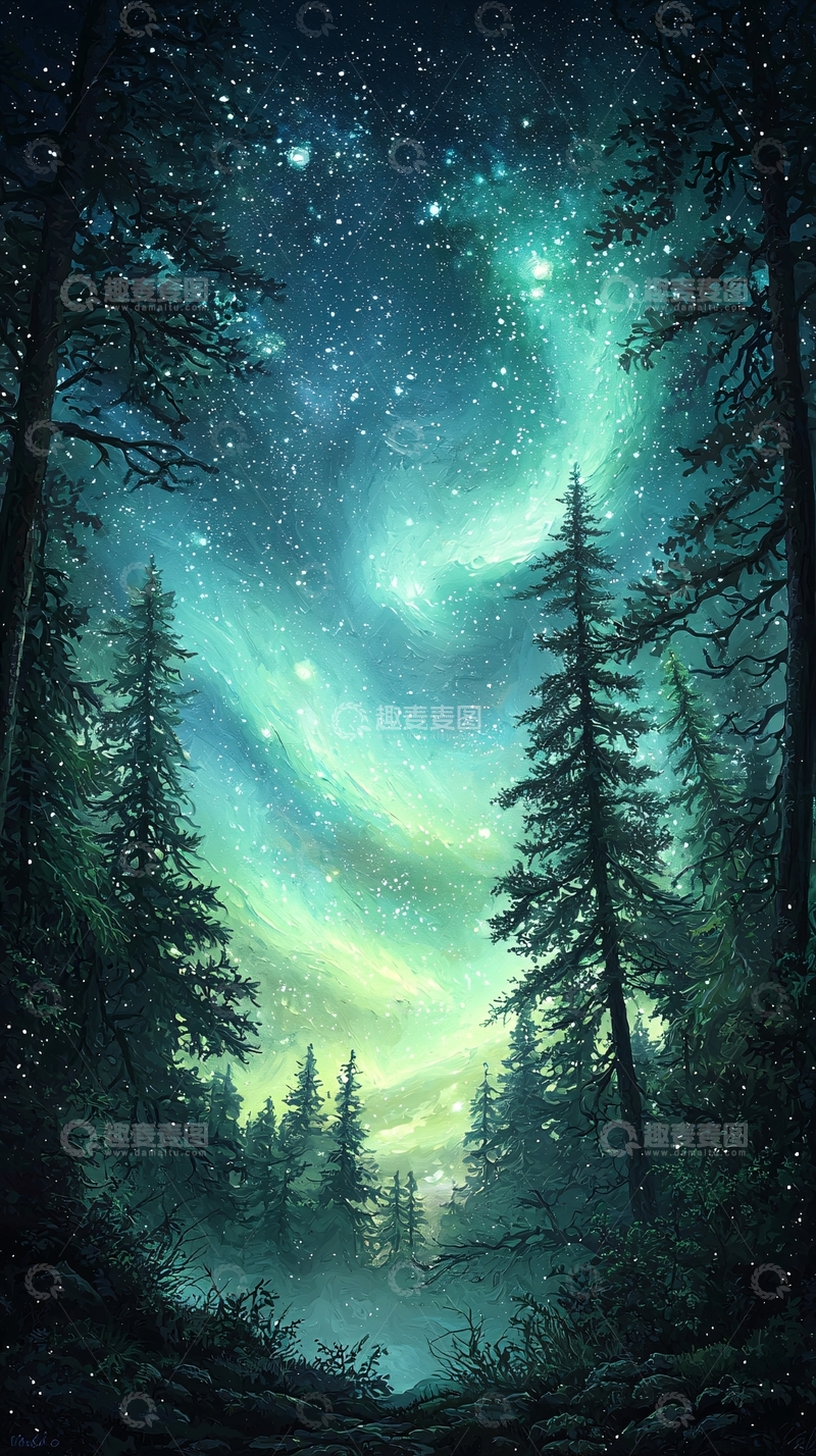 高清大图下载【趣麦麦图】夜色森林下的星河