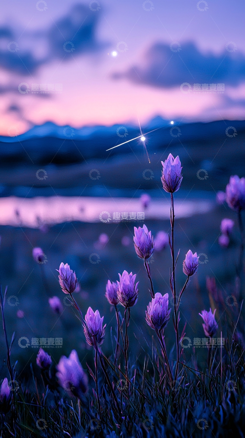 高清大图下载【趣麦麦图】紫色花朵与流星夜景