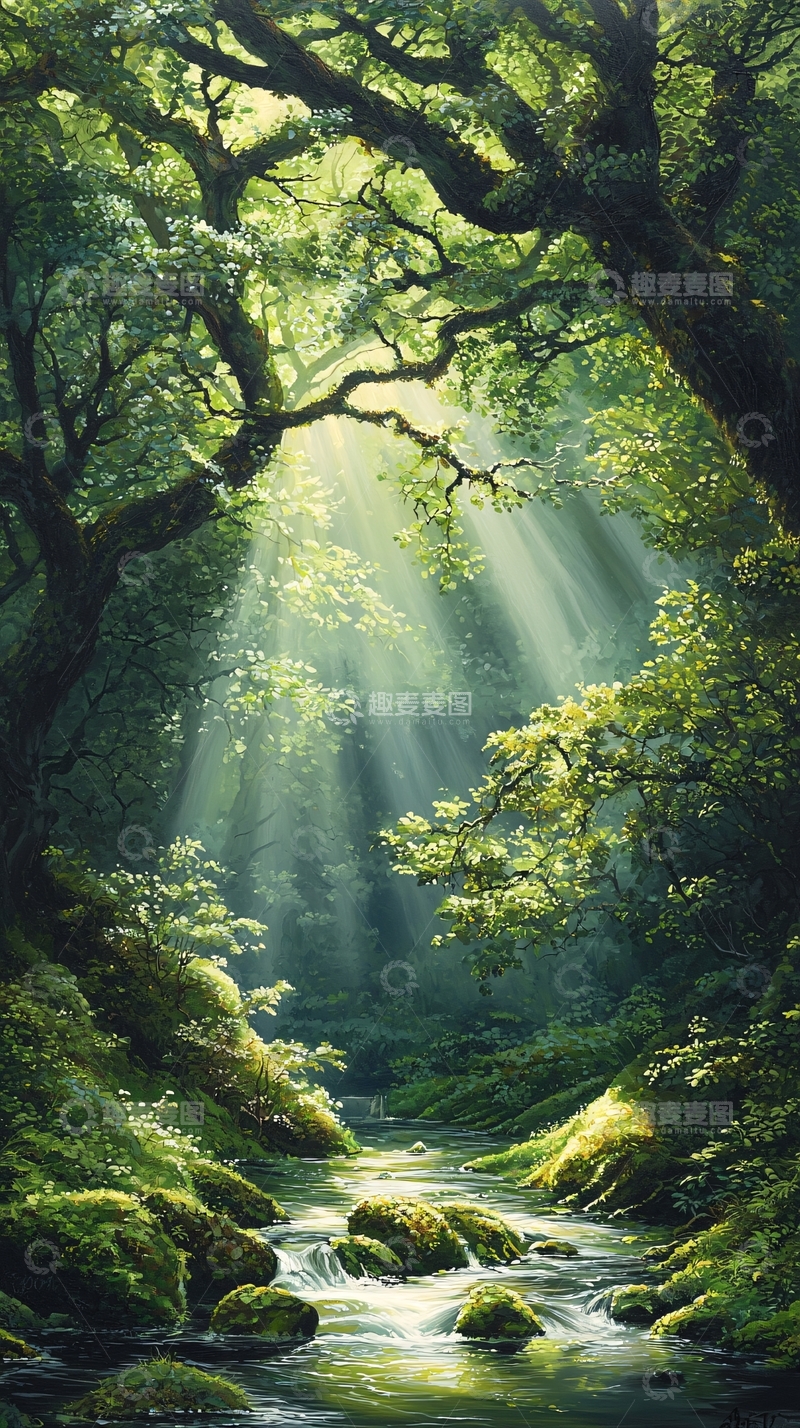高清大图下载【趣麦麦图】阳光穿透森林的小溪