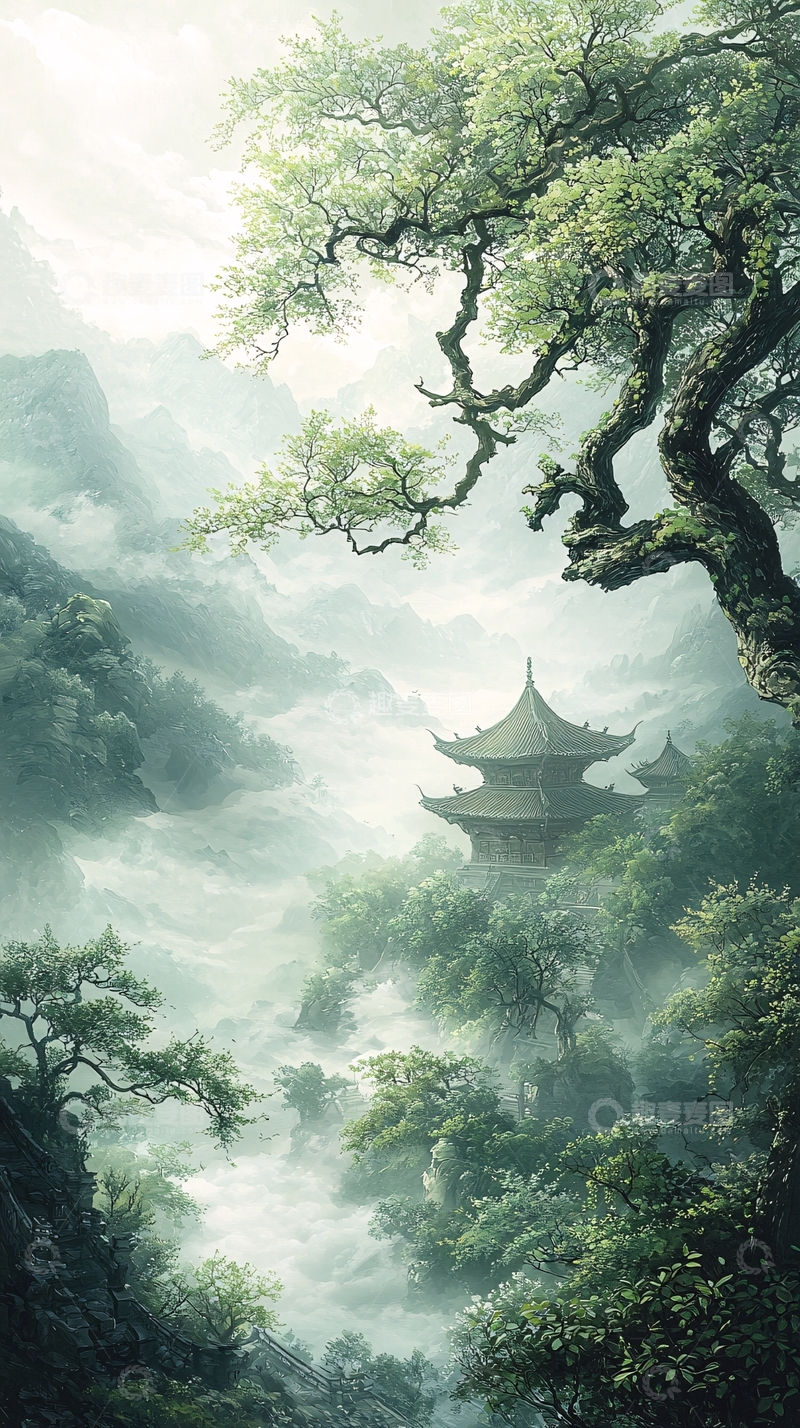 高清大图下载【趣麦麦图】山水古寺隐雾中