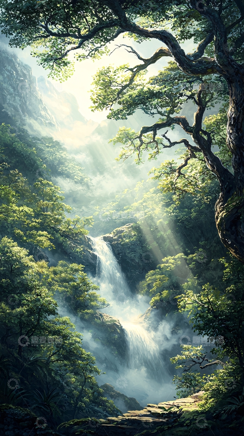 高清大图下载【趣麦麦图】山间瀑布阳光穿透