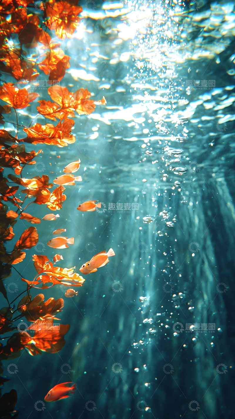 高清大图下载【趣麦麦图】海底阳光下的鱼群与落叶