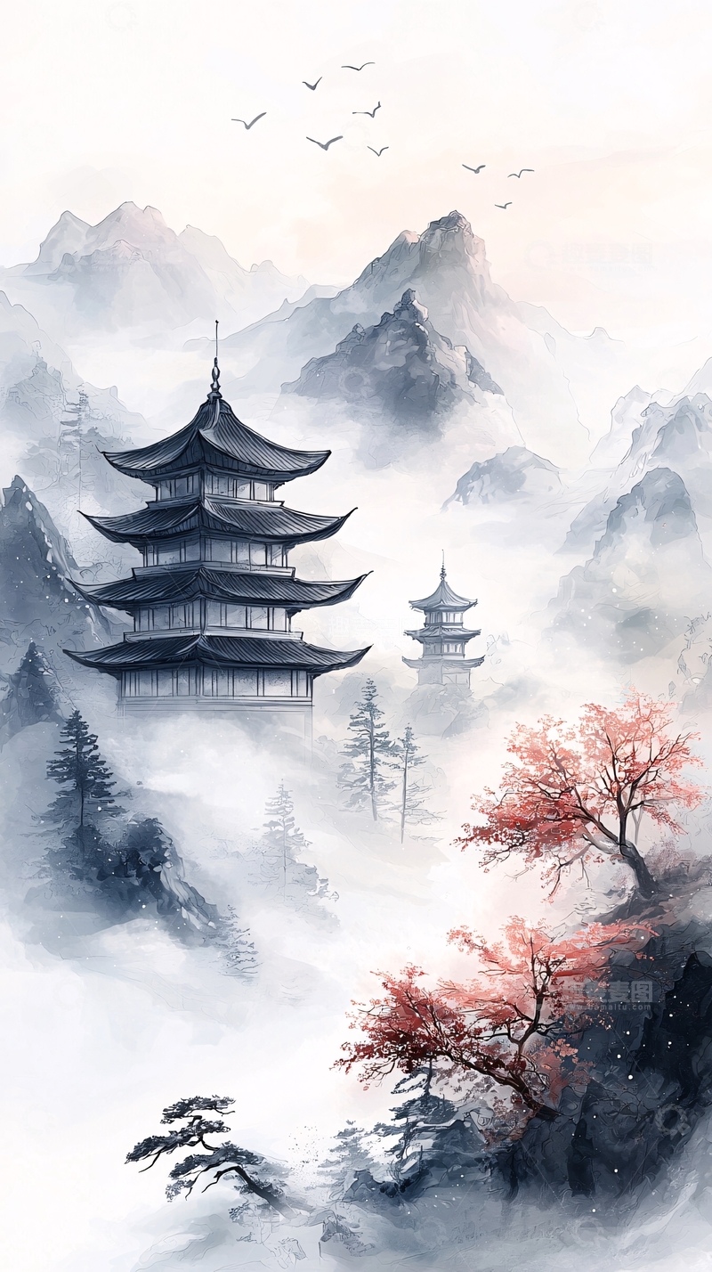 高清大图下载【趣麦麦图】秋日山间古塔图