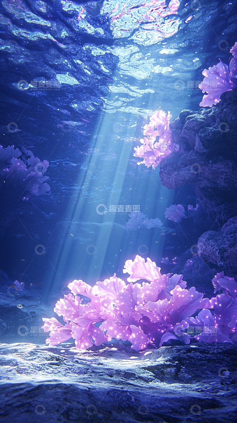 高清大图下载【趣麦麦图】海底光束下的紫色珊瑚礁