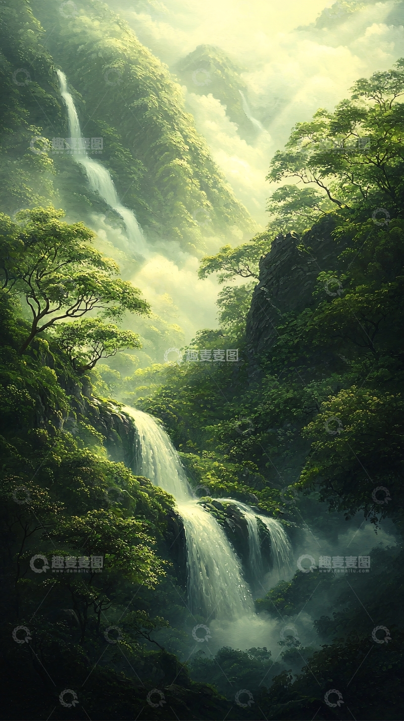 高清大图下载【趣麦麦图】山间瀑布雾气缭绕