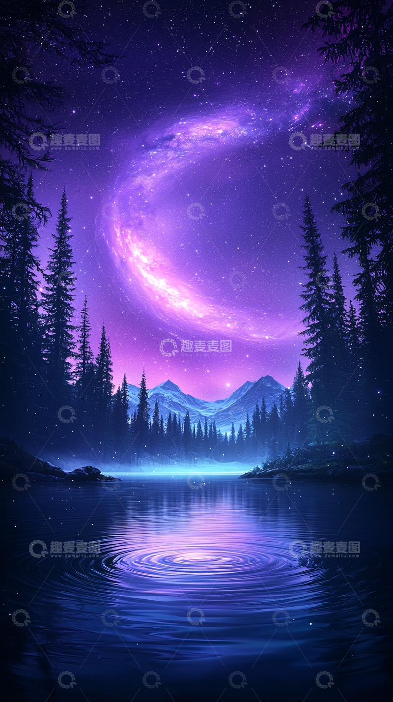 高清大图下载【趣麦麦图】梦幻星空下的静谧湖景