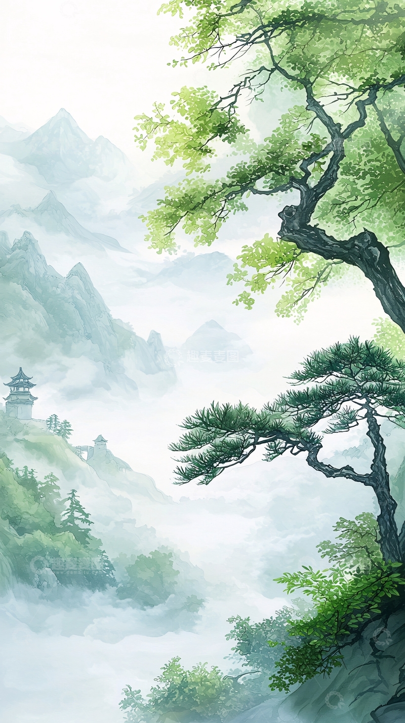 高清大图下载【趣麦麦图】山水云雾古塔图