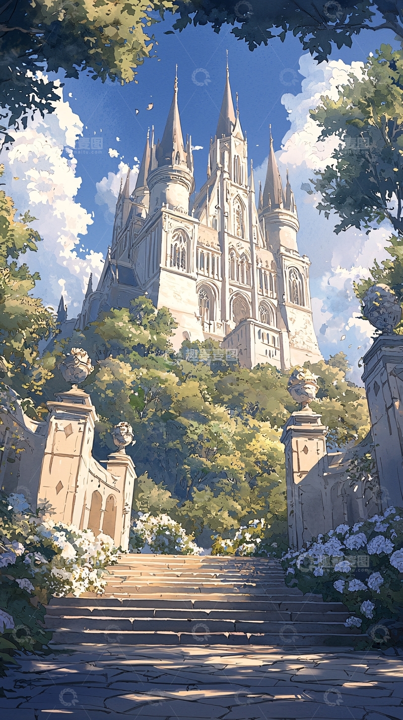 高清大图下载【趣麦麦图】梦幻城堡花园阶梯