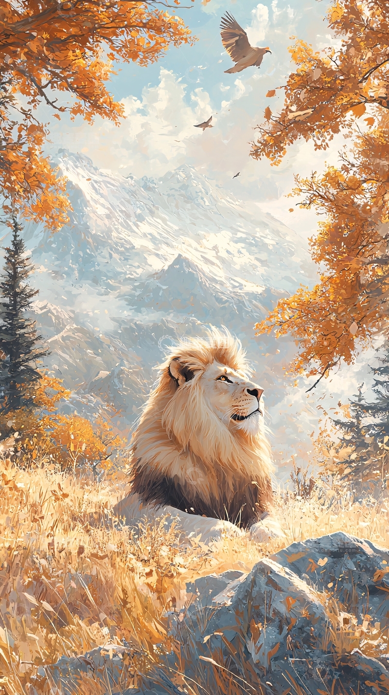 高清大图下载【趣麦麦图】秋日山间狮子与鹰