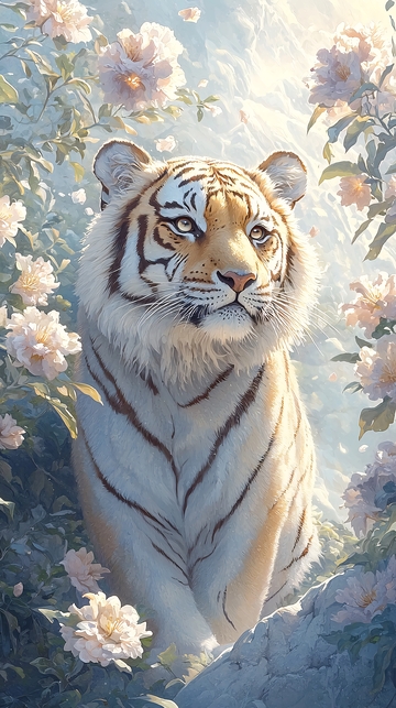 白虎与花丛中的宁静时刻