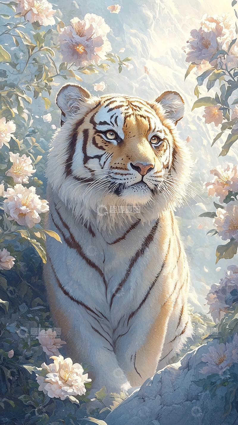 高清大图下载【趣麦麦图】白虎与花丛中的宁静时刻