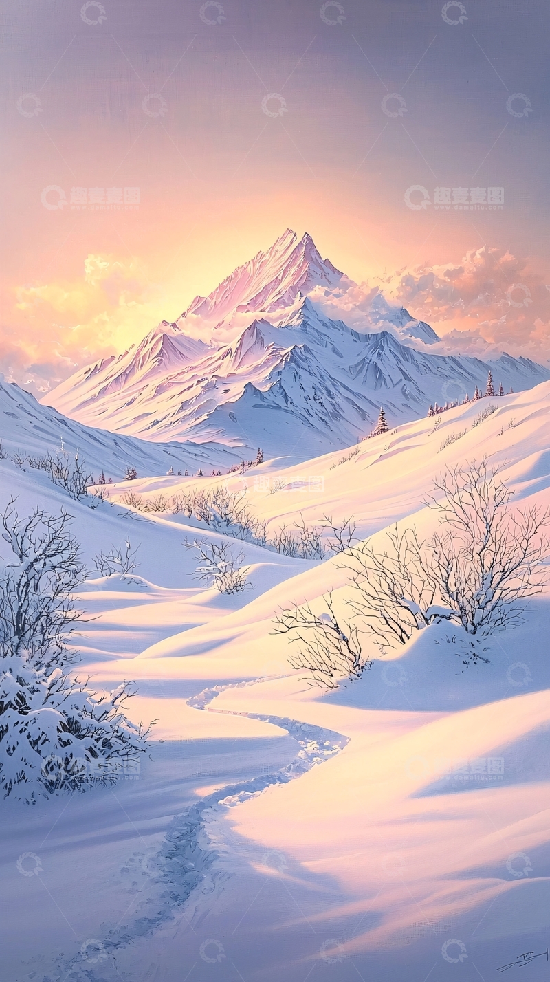 高清大图下载【趣麦麦图】雪景山峰徒步路径