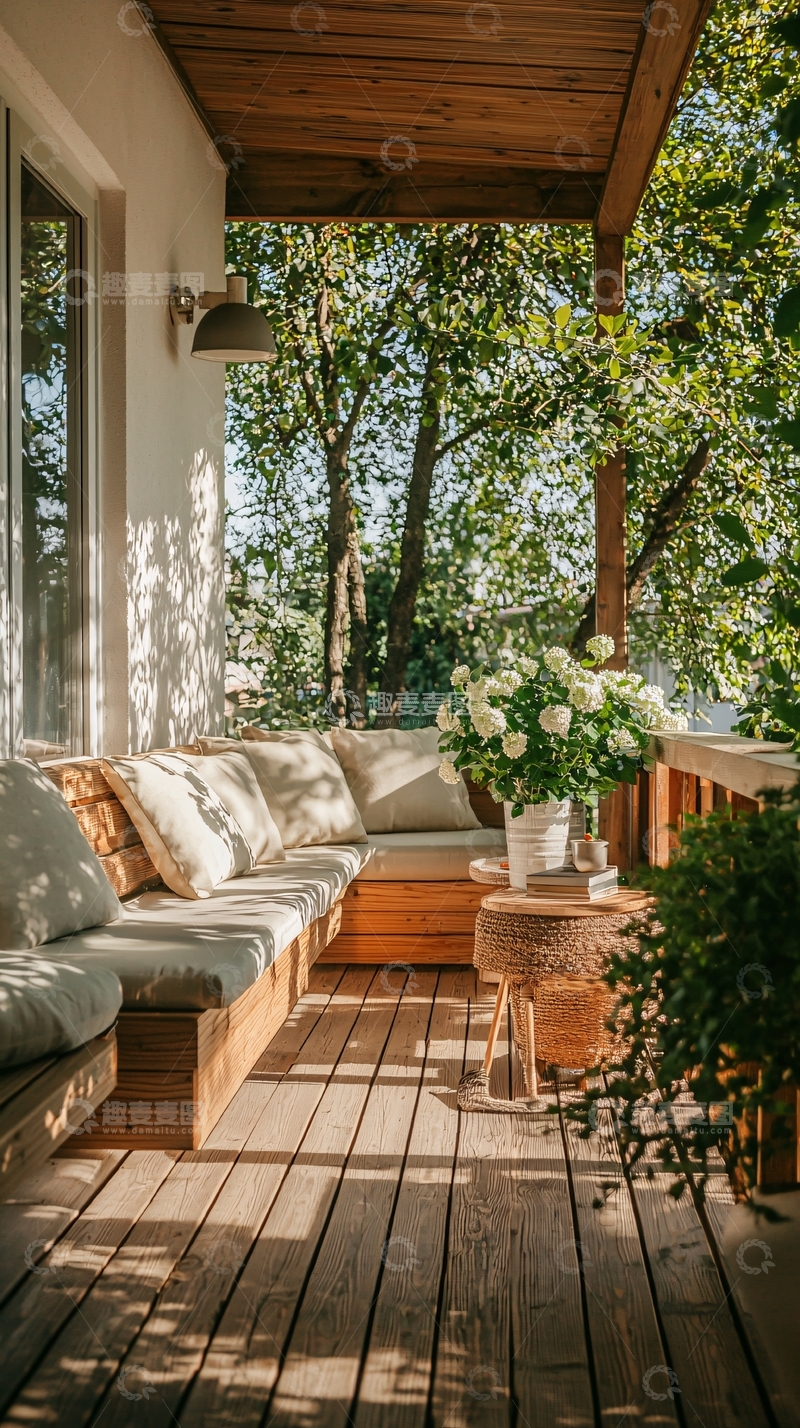 高清大图下载【趣麦麦图】阳光洒满木质阳台的宁静时光